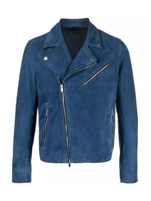 Men’s Blue Biker Suede Leather Jacket