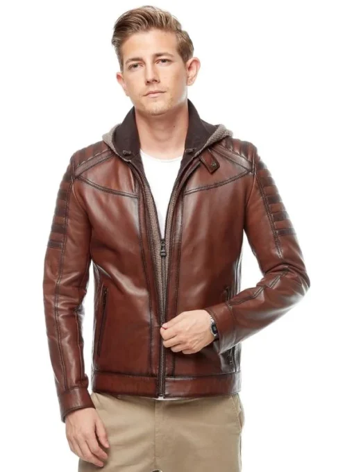 Men’s Brown Leather Biker Removable Hooded Jacket