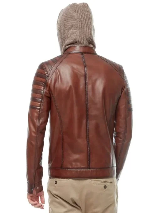 Men’s Brown Leather Biker Removable Hooded Jacket