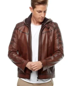 Men’s Brown Leather Biker Removable Hooded Jacket