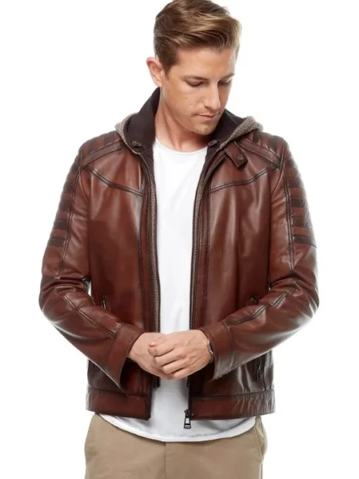 Men’s Brown Leather Biker Removable Hooded Jacket