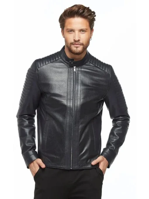 Navy Blue Jumbo Sport Leather Jacket