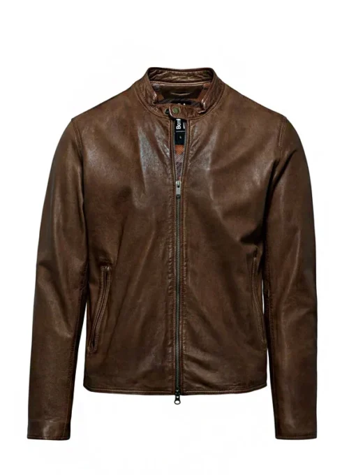 Men's Brown Leather Snap Tap Collar Jacket