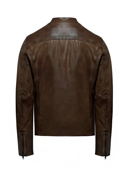 Men's Brown Leather Snap Tap Collar Jacket