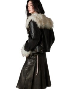 DIDDI MODA Black Leather Jacket With Fur Lapel