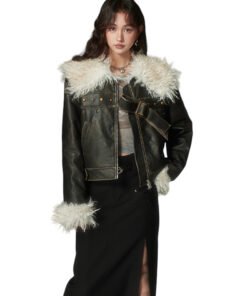 DIDDI MODA Black Leather Jacket With Fur Lapel