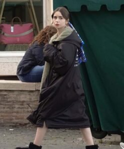 Lily Collins Black Hooded Trench Coat