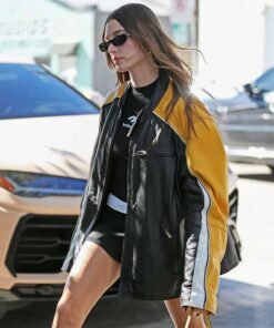 Hailey Bieber Yellow Paneled Leather Jacket