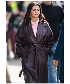 Selena Gomez Only Murders in the Building Brown Leather Coat