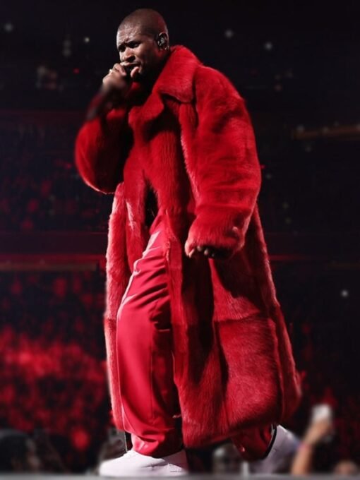 American Singer Usher our 2024 Red Faux Fur Coat