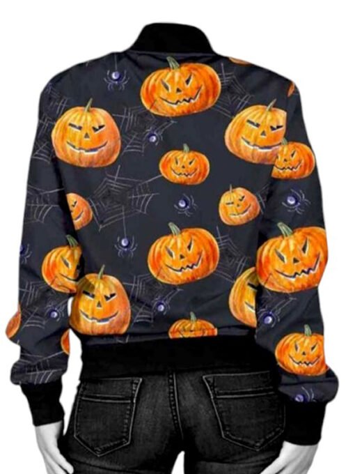 Halloween Printed Pumpkin Spider Black Bomber Jacket