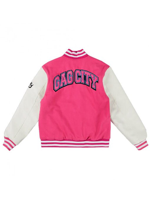 Gag City Pink and White Full-Snap Wool/Leather Varsity Jacket