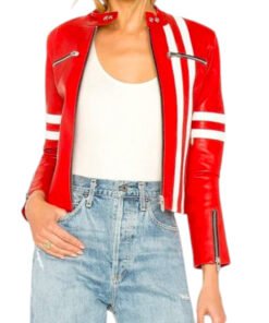 Women’s Red with White Stripes Leather Fashion Jacket