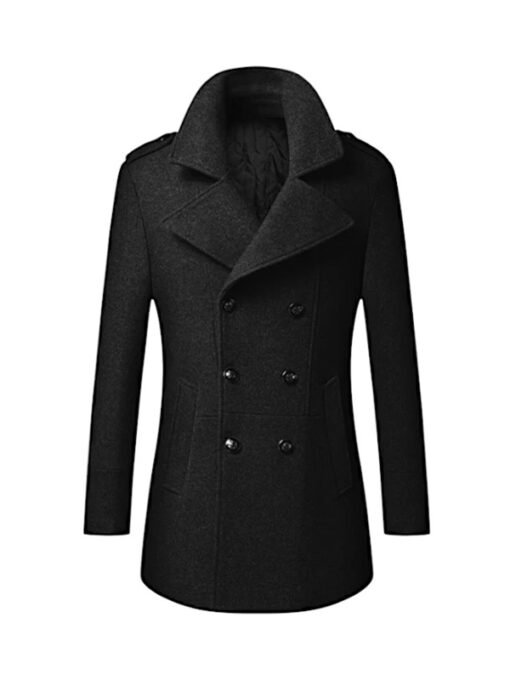 Double Breasted Woolen Black Trench Coat