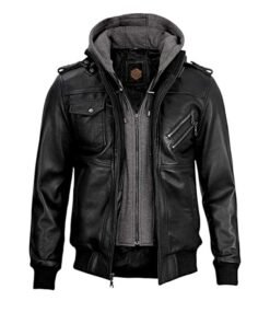 Men's Bomber Leather Black Jacket with Removable Hood