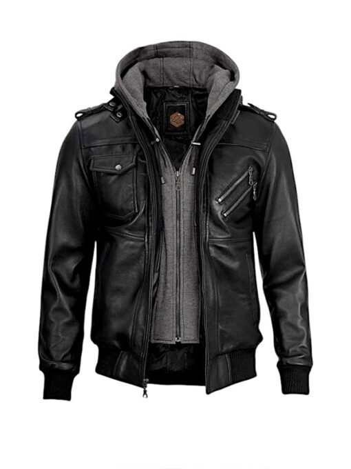 Men's Bomber Leather Black Jacket with Removable Hood