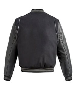 Black Varsity Leather Bomber Jacket For Mens