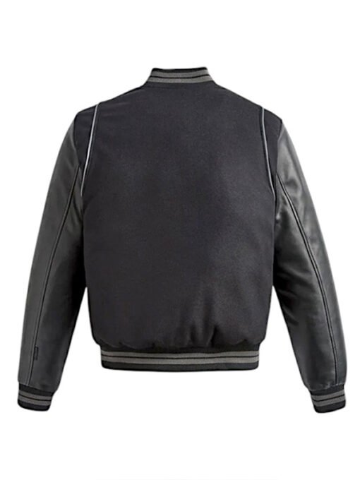 Black Varsity Leather Bomber Jacket For Mens