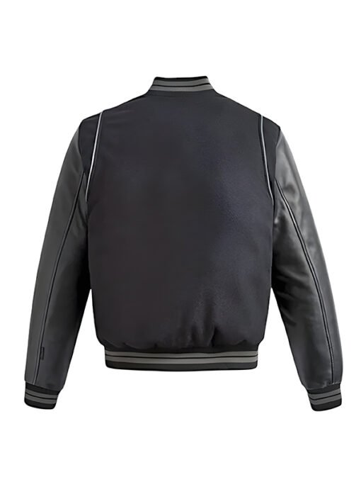Black Varsity Leather Bomber Jacket For Mens