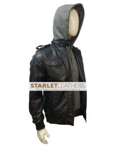 Mens Black Leather Jacket with removable hood