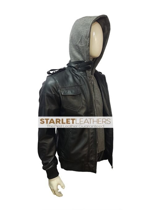 Mens Black Leather Jacket with removable hood