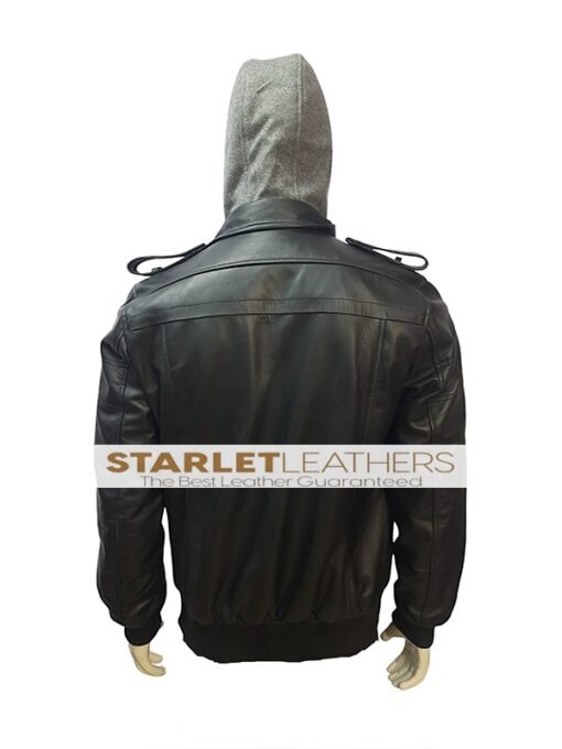 Black Leather Jacket With Removable Hood For Mens