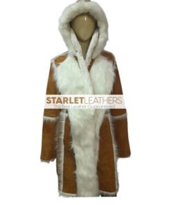 Womens Faux Fur Brown Shearling Hooded Overcoat