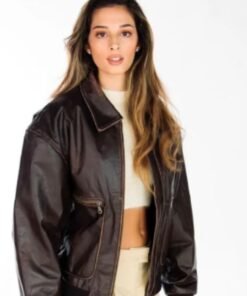 Womens distressed 90s oversized bomber leather jacket