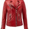 Womens Quilted Biker Red Leather Jacket