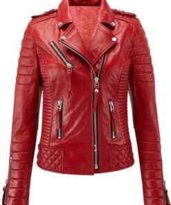 Womens Quilted Biker Red Leather Jacket