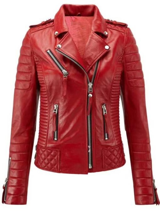 Womens Quilted Biker Red Leather Jacket