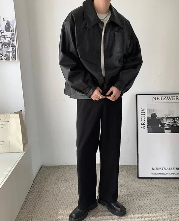korean style pomp Vegan leather jacket