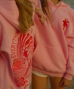 Everything Comes In Waves Pink Palm Puff Hoodie