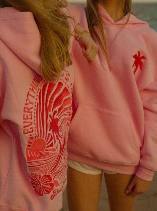 Everything Comes In Waves Pink Palm Puff Hoodie