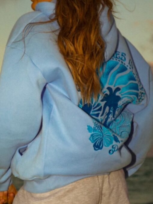 Pink Palm Puff Oversized Pullover Hoodie - Blue