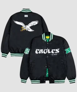 NFL GOLF WANG Philadelphia Eagles Satin Full-Snap Black Bomber Jacket