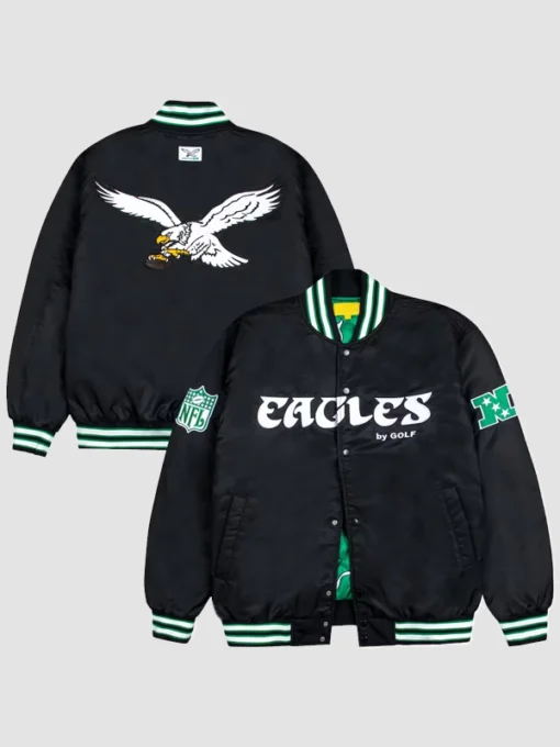 NFL GOLF WANG Philadelphia Eagles Satin Full-Snap Black Bomber Jacket