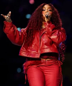 Super Bowl SZA Red Cropped Leather Jacket