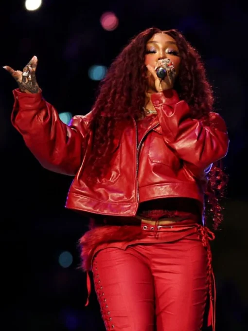 Super Bowl SZA Red Cropped Leather Jacket