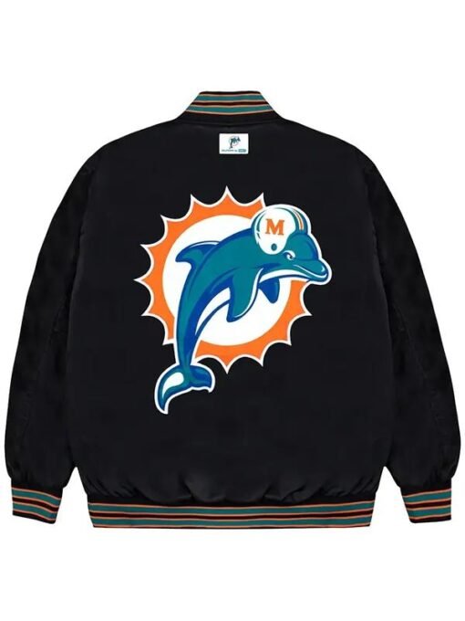 NFL GOLF WANG Miami Dolphins Full-Snap Bomber Black Satin Jacket