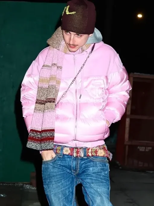 Timothee Chalamet Telfar Pink Puffer Jacket