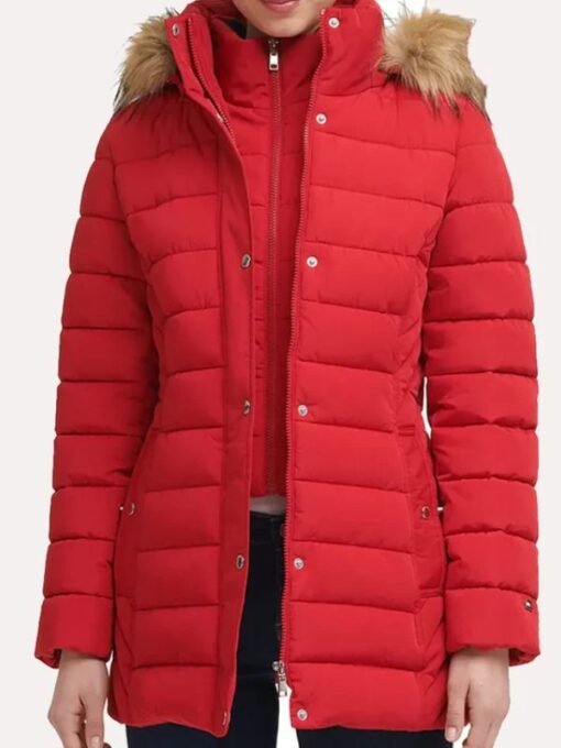 Women Red Puffer Coat Fur Hood