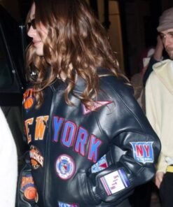 Hailey Bieber New York Knicks Black Leather Jacket