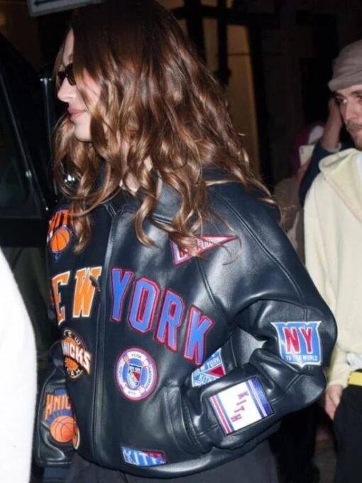 Hailey Bieber New York Knicks Black Leather Jacket