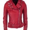 Women Red Double Zipper Biker Leather Jacket