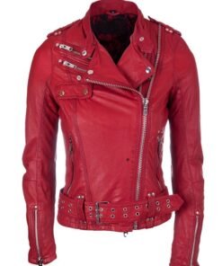 Women Red Double Zipper Biker Leather Jacket