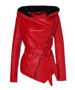 Women Hooded Red Leather Jacket