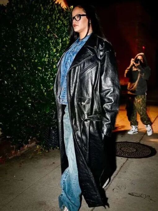 Los Angeles Night Out Rihanna Black Leather Trench Coat