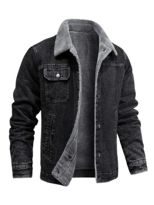 Men’s Slimfit Black Denim Shearling Lining Jacket