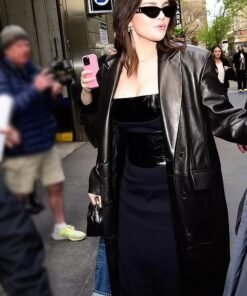 Selena Gomez Black Leather Trench Coat For Women's